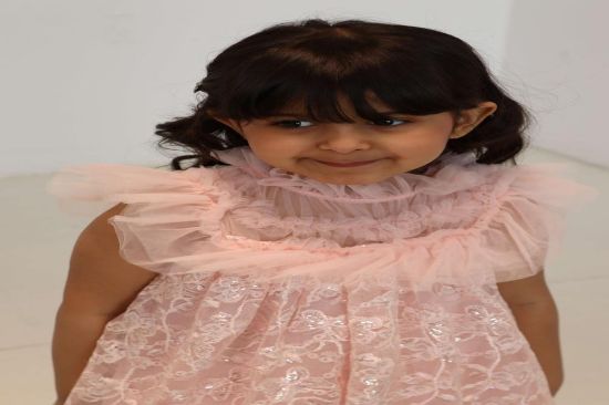 صورة فستان لحمي بالتل على الاكتاف والنهايات